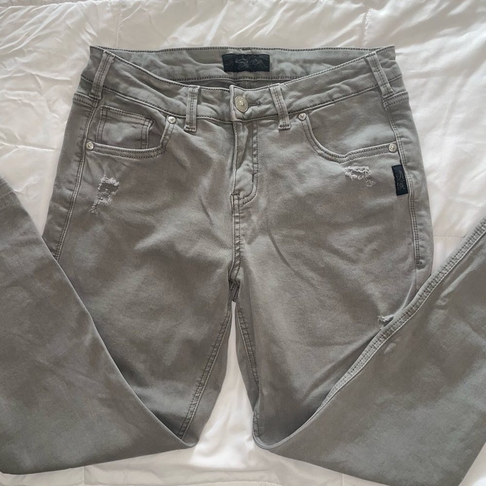 Silver Jeans Avery Skinny Crop Green Colored Distressed Skinny Jeans Women’s 29